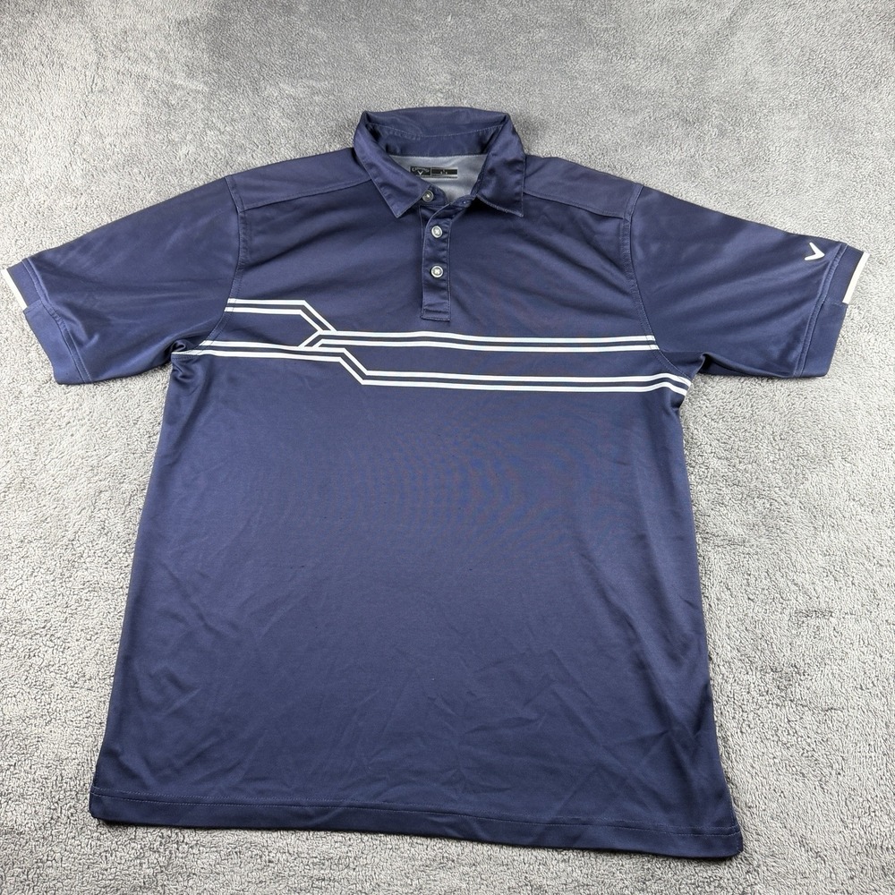 Callaway Golf Shirt Polo Mens Large Navy Blue Stripe Wicking Pullover